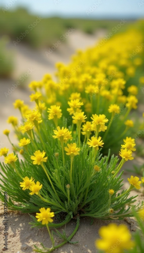 Fototapeta premium Ferula scorodosma in a sandy dune field with yellow flowers and green foliage, field, asafoetida, dry landscape
