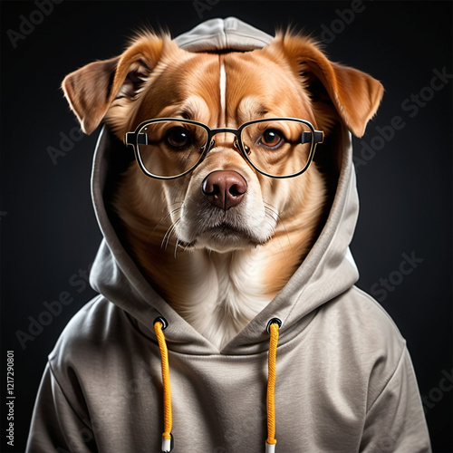 Cool dog wearing golden hoodie dark background