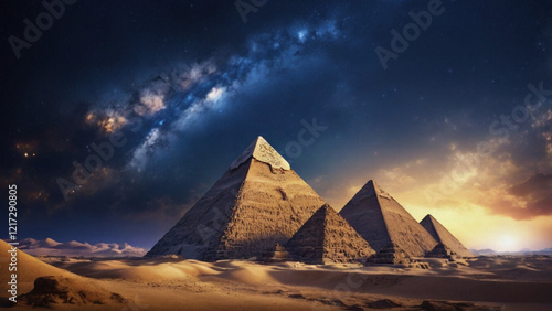 Ancient Egypt as you witness the grandeur and beauty of the pyramids and a splendid starry night sky with the cosmic universe.