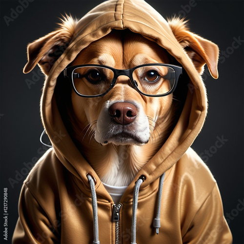 Cool dog wearing golden hoodie dark background