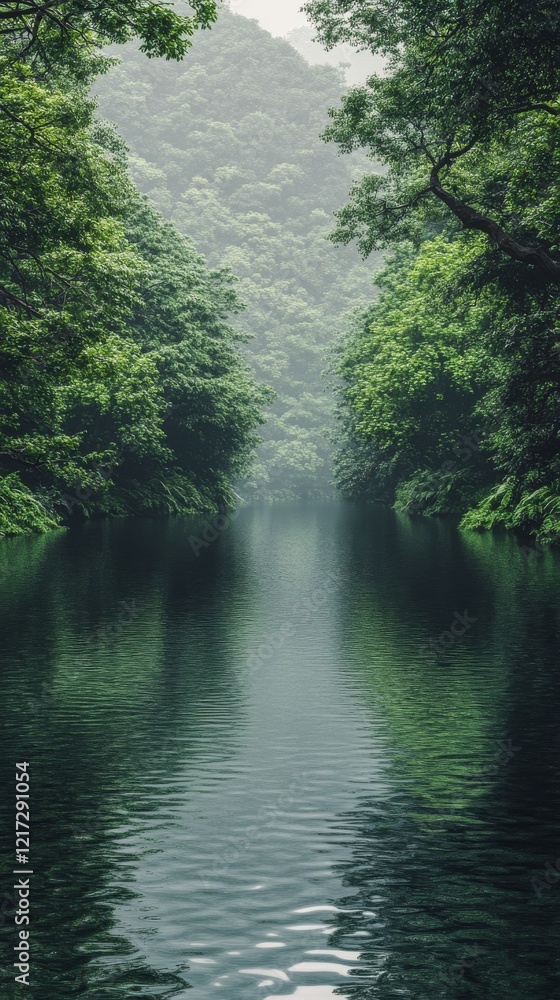 Tranquil river surrounded by lush greenery in a misty forested area Tranquil river surrounded by lush greenery in a misty forested area