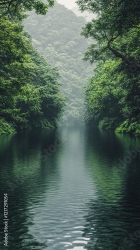 Tranquil river surrounded by lush greenery in a misty forested area
