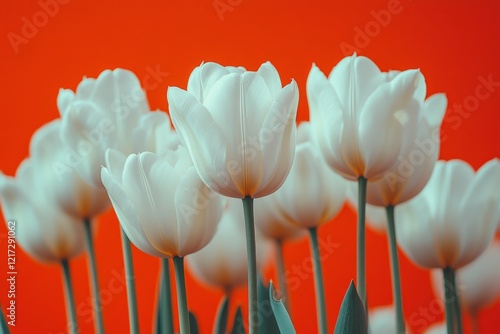 White tulips bloom against a vibrant orange background in a striking floral d...
