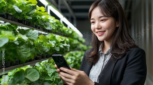 Urban vertical farming woman inspecting plants in innovative greenhouse setting modern agriculture concept photo