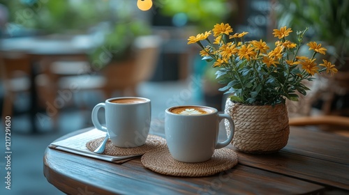 Morning coffee on a wooden table with a plant and notepad in a cozy setting b...