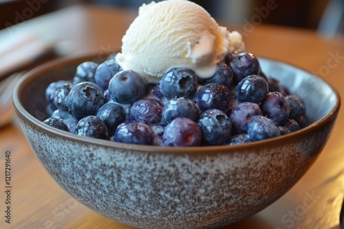 Fresh blueberries topped with creamy ice cream served in a rustic bowl on a w...