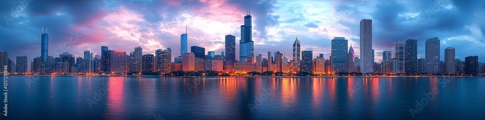 As dusk falls, Chicago's cityscape transforms into a stunning silhouette against the setting sun As dusk falls, Chicago's cityscape transforms into a stunning silhouette against the setting sun