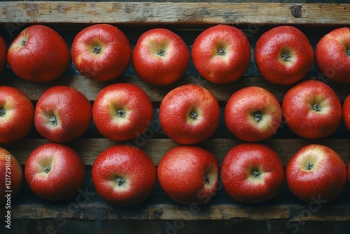 Fresh red apples arranged neatly on a rustic wooden crate in a market setting