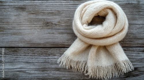 Cozy beige knitted scarf placed on a rustic wooden surface with natural light