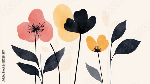 Wallpaper Mural A painting of flowers with a black and yellow background. The flowers are in various sizes and are arranged in a row. The painting has a serene and calming mood, with the flowers representing growth Torontodigital.ca