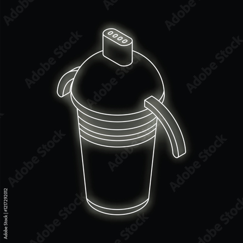 Neon white sippy cup glowing on black background, concept for baby products or childhood
