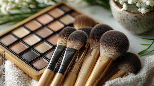 Various makeup brushes and a large eyeshadow palette arranged on a marble sur...