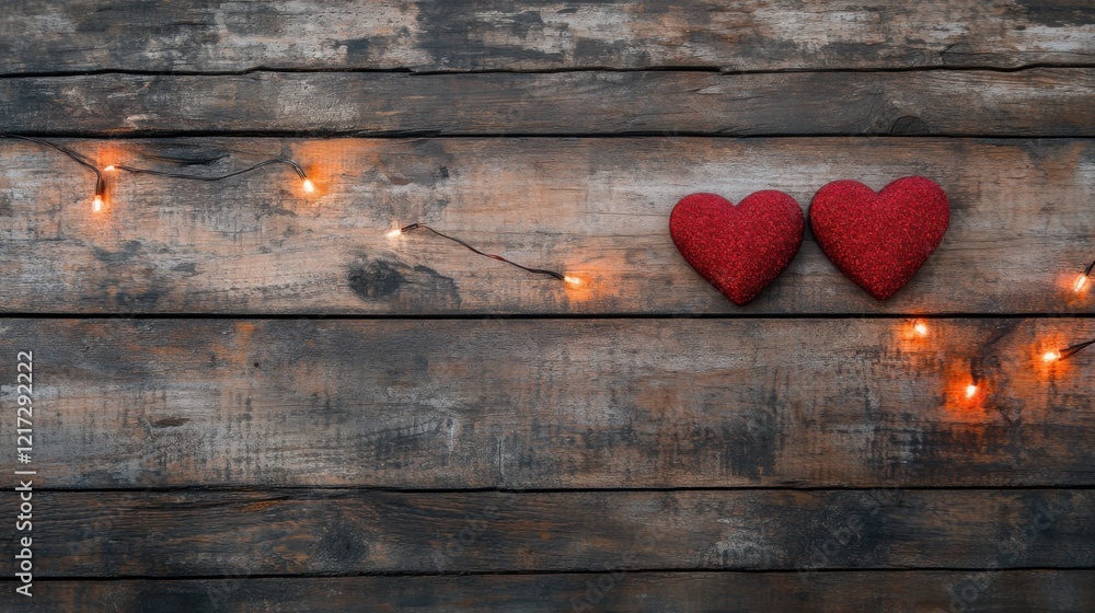 Fototapeta premium Love Illuminated: A Romantic Arrangement of Two Heart-Shaped Ornaments, Adorned with Twinkling Lights, Creating a Magical and Intimate Atmosphere.