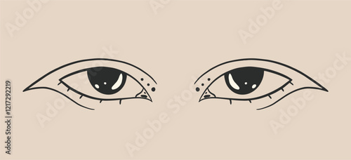 Creative makeup. Beautiful female eyes with fancy arrows. Cartoon eyes. Hand drawn illustration. Logo template, beauty and fashion. Modern makeup.