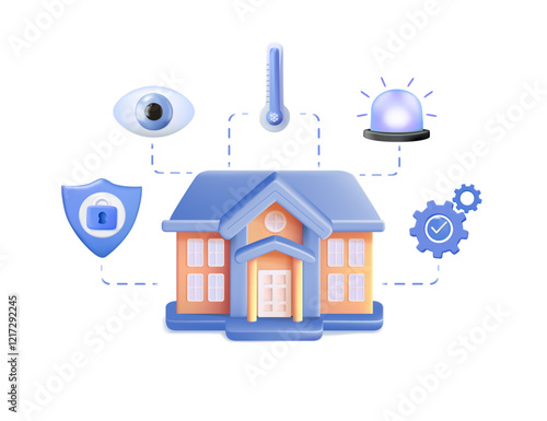 Smart home technology conceptual banner 3D, Internet of Things. Automation and data exchange in manufacturing technologies. Cybersecurity of the Internet of Things of a country house. 3D Vector