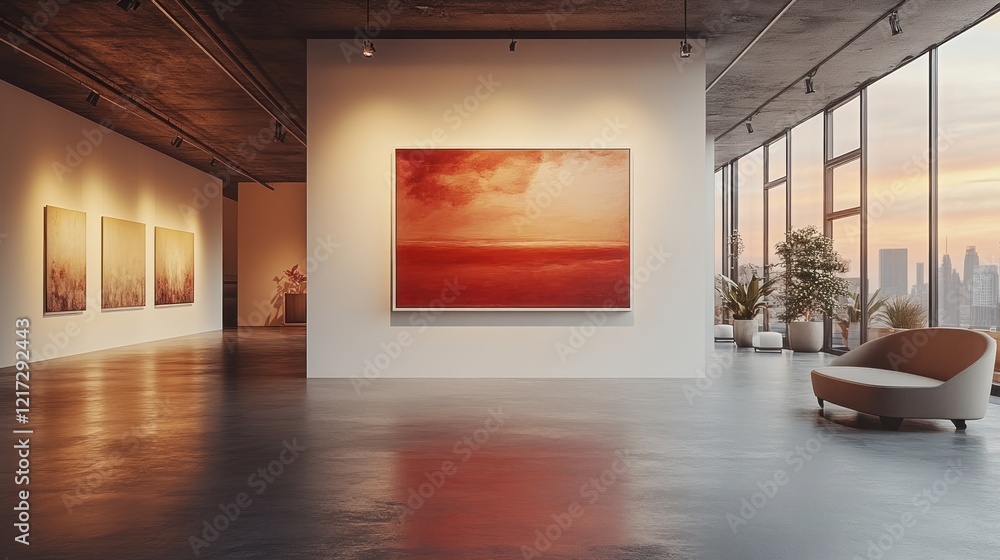 Dramatic Empty White Painting Frame Hanging in Modern Gallery Space Dramatic Empty White Painting Frame Hanging in Modern Gallery Space