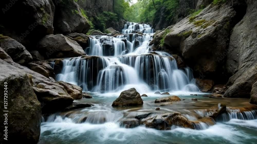 Serene Waterfall Cascading Through Rocky Gorge Serene Waterfall Cascading Through Rocky Gorge