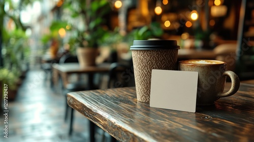 Blank Business Card Mockup Leaning Against Ceramic Cup on Table