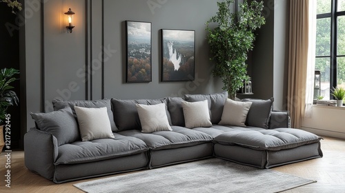 Modern grey sofa with decorative cushions displayed in a stylish living room ...