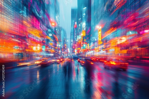 Vibrant city life at dusk with blurred neon lights and traffic in a bustling ...