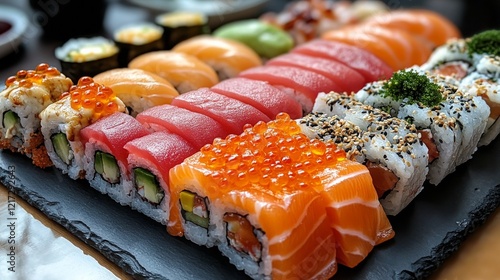 Colorful sushi platter showcasing a variety of rolls and sashimi at a Japanes...