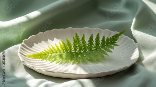 Fresh green fern placed on a white plate against a soft, textured fabric back...
