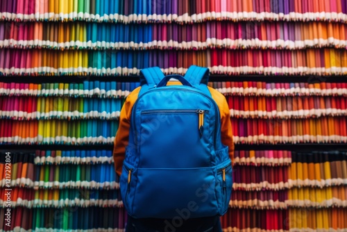 Bright blue backpack in front of colorful pencils displayed on a vibrant wall
