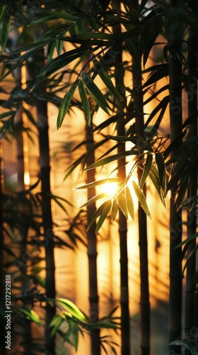 Sunlight filtering through vibrant bamboo leaves in a lush forest setting