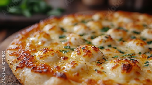 Freshly baked cheese pizza topped with herbs served on a wooden board in a co...