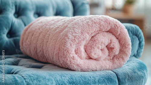 Cozy white blanket neatly rolled on a chic armchair in a warm living room set...