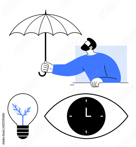 Man holding umbrella, clock inside eye, lightbulb with branch idea themes of protection, time management, creativity, innovation, vision, planning, abstract line flat metaphor