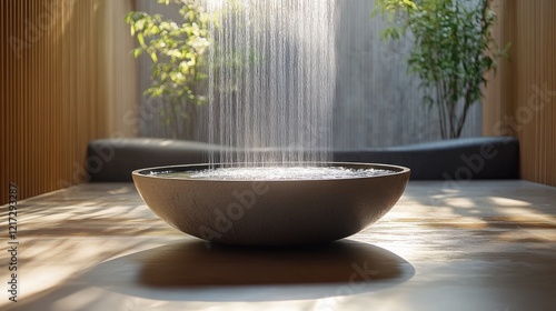 Tranquil water feature in modern interior space with soft lighting and natura...