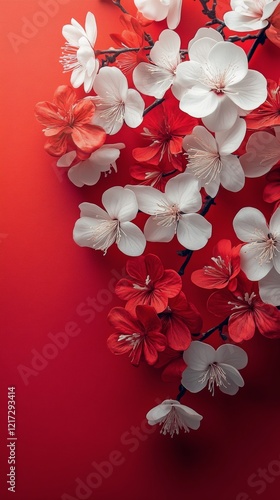 Vibrant bouquet of red and white flowers displayed against a striking red bac...