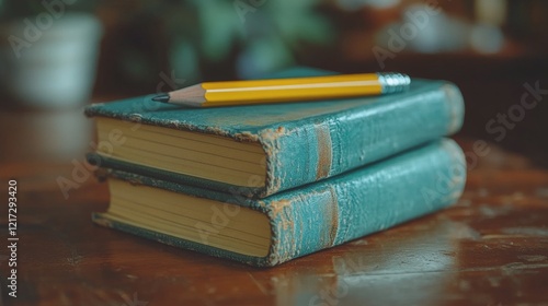 Old green books stacked with a yellow pencil on a wooden table in a cozy, sof...