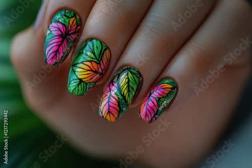 Vibrant floral nail art design with intricate details on long nails