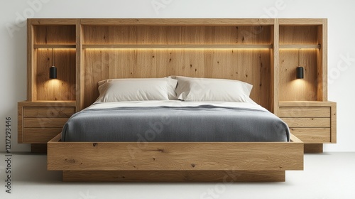 Modern wooden bed with bedside tables and soft bedding in a minimalist design...
