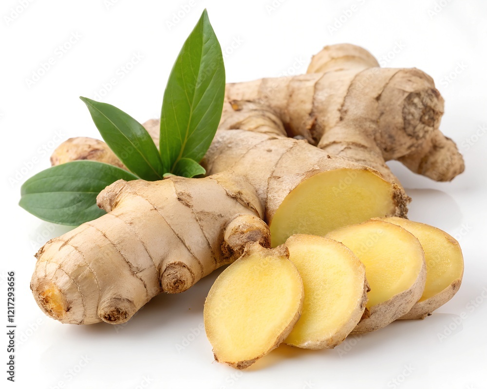 Fresh ginger and sliced ginger isolated on white background.
Fresh ginger and sliced ginger isolated on white background.