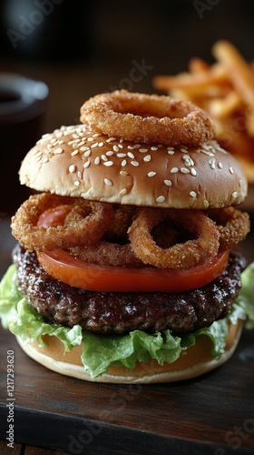 Juicy hamburger with fresh toppings served on a wooden table