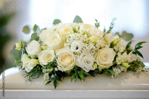 A white flower arrangement sits on a white casket. The arrangement is made up of white roses and white flowers. The arrangement is simple and elegant, and it gives off a sense of peace and serenity