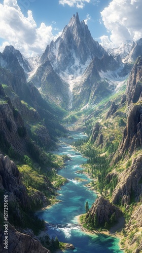 Scenic mountain valley with a flowing river under a bright sky and majestic p...