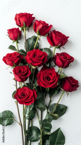 Bright red roses arranged elegantly on a white background for a special occas...