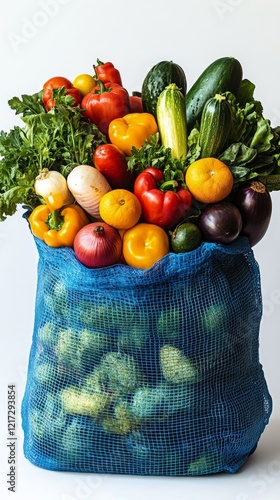 Fresh produce packed in a blue plastic bag ready for cooking or grocery shopping