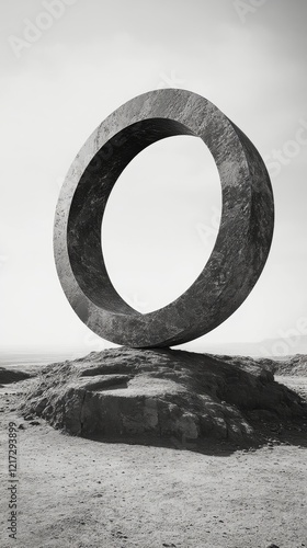 Unique wooden circular sculpture on display with natural patterns and a sturd...