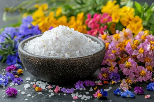 Brightly colored flowers and coarse salt in rustic wooden bowls on a dark sur...