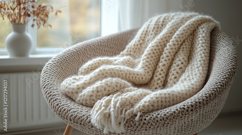 Cozy white blanket neatly rolled on a chic armchair in a warm living room set...