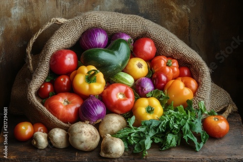 Freshly harvested vegetables in a burlap sack showcasing vibrant colors and t...