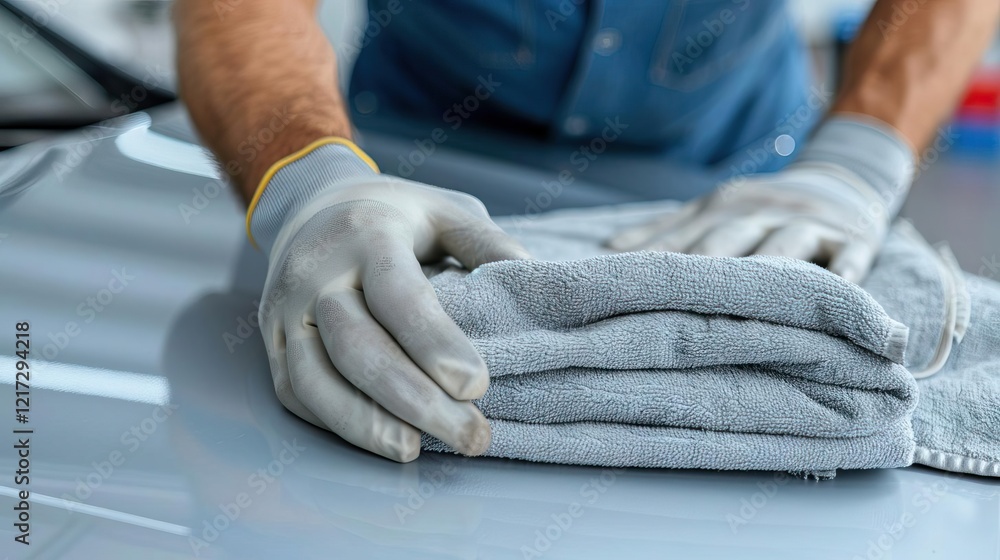 Fototapeta premium A person wearing gloves folds a clean, gray towel on a surface, indicating a focus on cleanliness and organization.