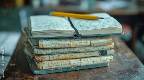 Old green books stacked with a yellow pencil on a wooden table in a cozy, sof...