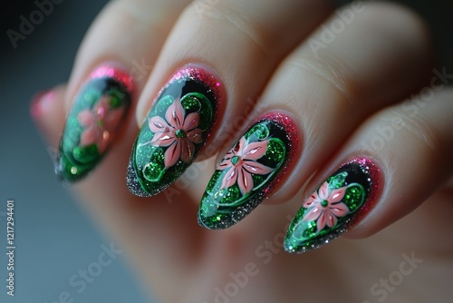 Vibrant floral nail art design with intricate details on long nails