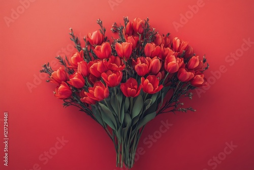 Bright red tulip bouquet against a vibrant red background in a modern floral ...